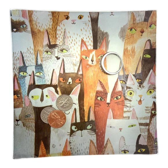 Glass Jewelry Dish, Whimsical Cats, Trinket Tray, Soap, Valet, Vanity Catchall - Picture 3 of 7